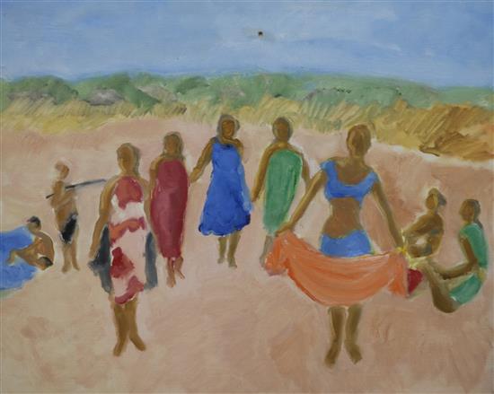Desmond Harmsworth, oil on canvas, beach scene, 51 x 61cm, together with a similar scene by M.Harmsworth, 54 x 65cm
